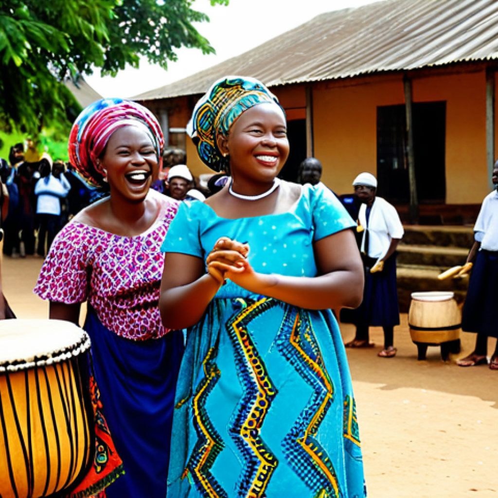 A professional group of adult Sierra Leonean individuals, fully clothed in vibrant, modest traditional African attire, are engaged in a joyful community celebration. Some are playing traditional musical instruments like drums and kalimbas with well-formed hands, while others dance with natural poses and warm, welcoming smiles. The scene is set in an outdoor village square, bathed in warm natural light, creating a lively and supportive atmosphere. Professional photography, high quality, perfect anatomy, correct proportions, proper finger count, natural body proportions, safe for work, appropriate content, fully clothed, family-friendly.