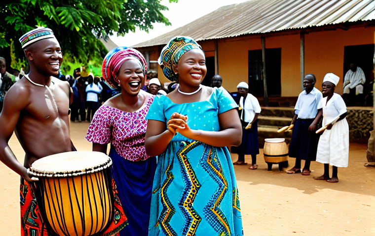 A professional group of adult Sierra Leonean individuals, fully clothed in vibrant, modest traditional African attire, are engaged in a joyful community celebration. Some are playing traditional musical instruments like drums and kalimbas with well-formed hands, while others dance with natural poses and warm, welcoming smiles. The scene is set in an outdoor village square, bathed in warm natural light, creating a lively and supportive atmosphere. Professional photography, high quality, perfect anatomy, correct proportions, proper finger count, natural body proportions, safe for work, appropriate content, fully clothed, family-friendly.