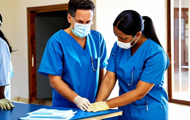 Global Healthcare Heroes in Action**
A diverse team of professional healthcare workers, including doctors and nurses, in clean, modest, and appropriate medical protective gear, meticulously attending to a patient in a modern, well-equipped field clinic. The setting conveys an organized international aid effort in a bright, rural environment, with medical supplies visible. The focus is on professionalism, compassionate care, and global collaboration. Full shot, realistic photography, high quality. Fully clothed, modest clothing, appropriate attire, professional dress, safe for work, appropriate content, perfect anatomy, correct proportions, natural pose, well-formed hands, proper finger count, natural body proportions.

**