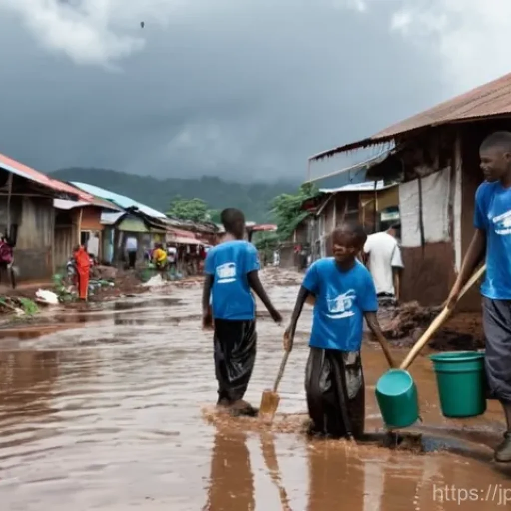 시에라리온 자연재해 가능성 - **Prompt:** A bustling, albeit damaged, street scene in Freetown, Sierra Leone, after a heavy rainfa...