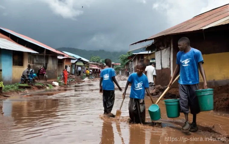 시에라리온 자연재해 가능성 - **Prompt:** A bustling, albeit damaged, street scene in Freetown, Sierra Leone, after a heavy rainfa...