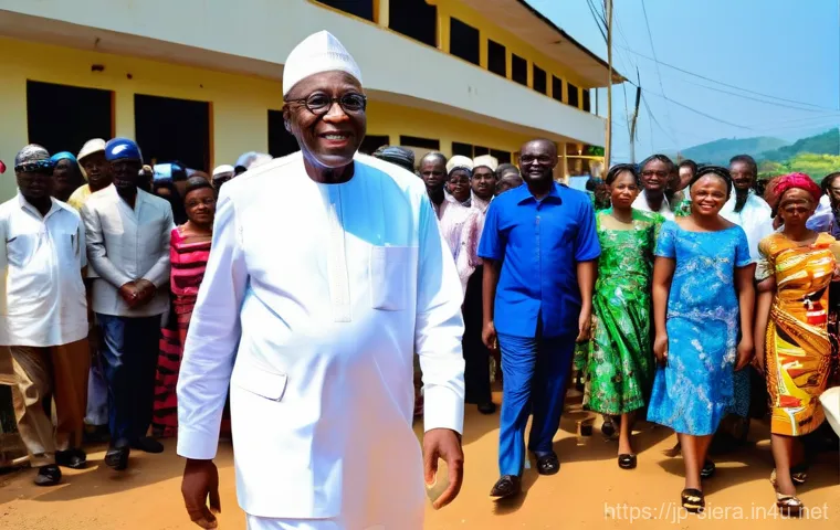 시에라리온 어네스트 바이 코로마 - A former president, appearing in his late 60s, with a dignified and compassionate expression, standi...