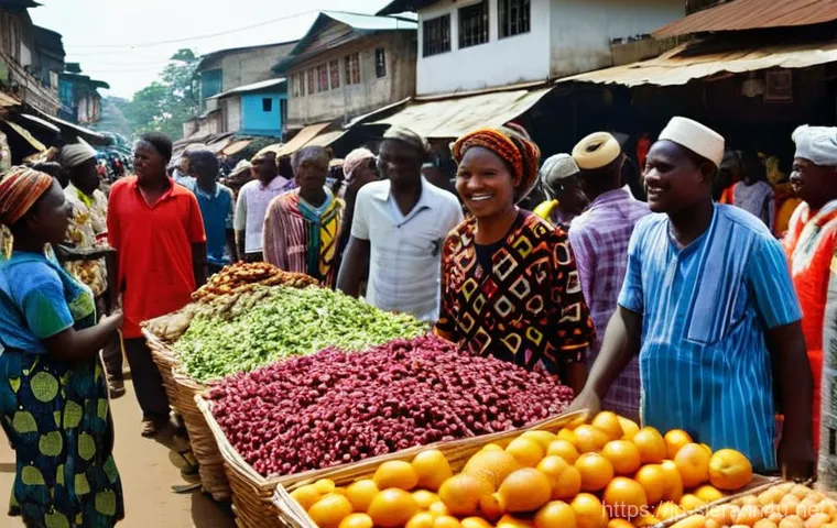시에라리온 언어와 공용어 - **Prompt:** A bustling and vibrant open-air market in Sierra Leone, showcasing a rich tapestry of cu...