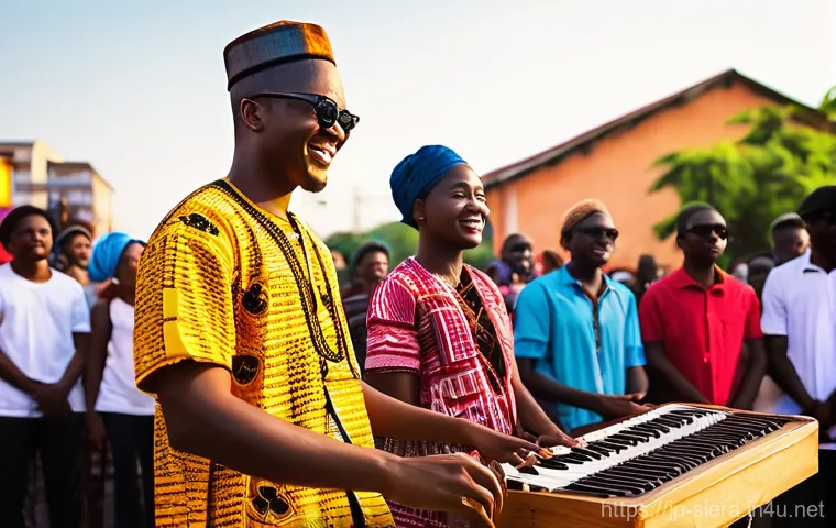 시에라리온 유명 인물 - **Vibrant Sierra Leonean Music Fusion:** A diverse group of Sierra Leonean musicians performing with...