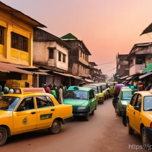 시에라리온 대중교통 수단 - A vibrant and bustling street scene in Freetown, Sierra Leone, at sunset. The narrow roads are fille...
