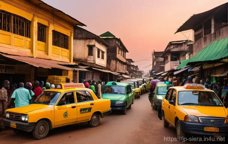 시에라리온 대중교통 수단 - A vibrant and bustling street scene in Freetown, Sierra Leone, at sunset. The narrow roads are fille...