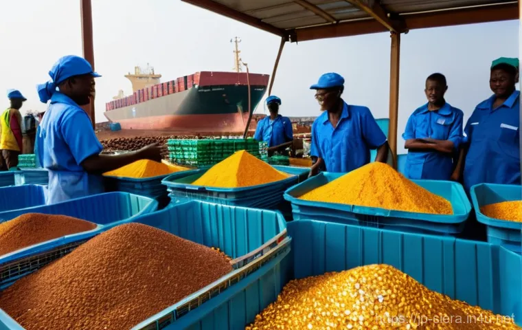 시에라리온 주요 무역 파트너 - **Prompt Title: "Sierra Leone's Bountiful Harvest and Mineral Wealth for Global Export"**
    A vibr...