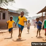 시에라리온 축구 리그 - **Prompt:** A vibrant, eye-level candid photograph captures a group of Sierra Leonean children, aged...